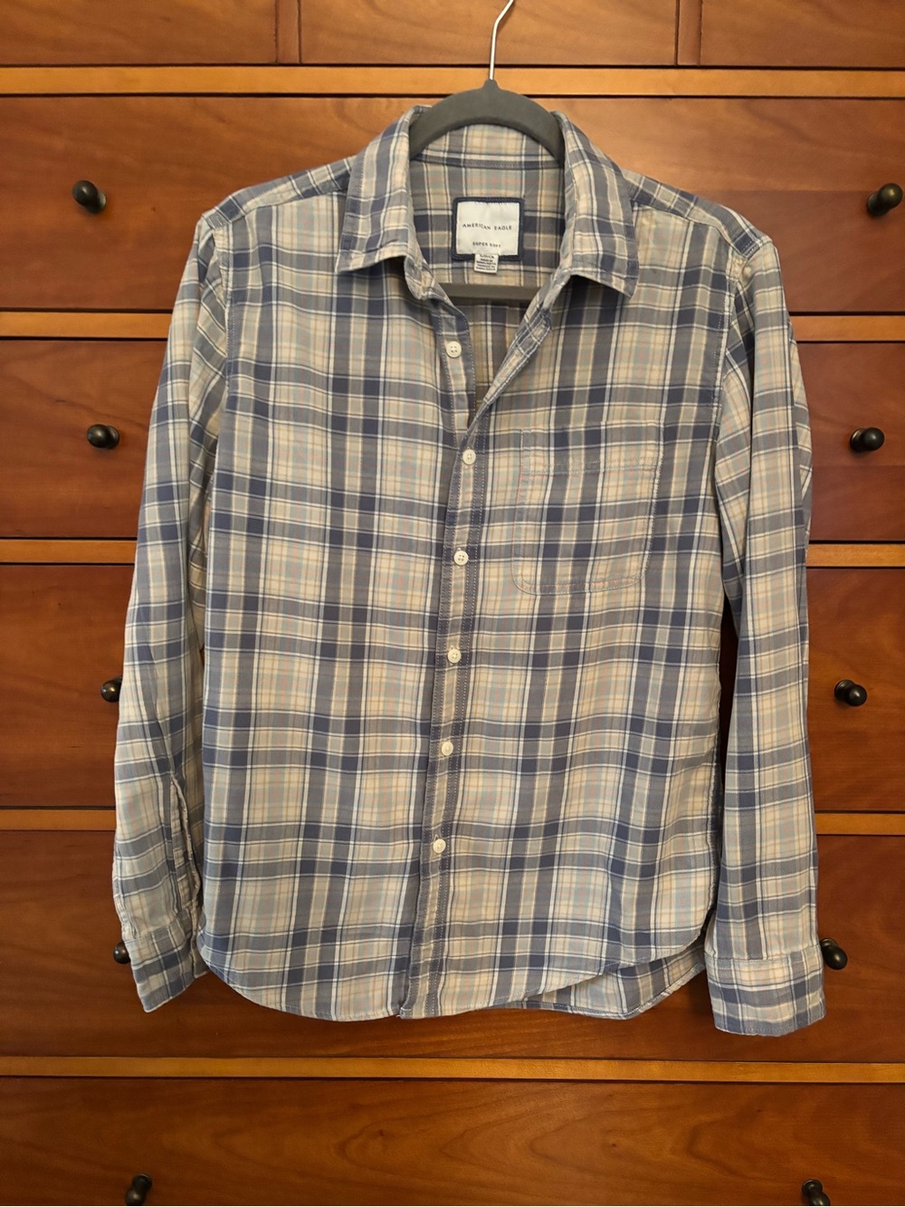 American Eagle Outfitters Blue and White Plaid Button-Down Shirt - Men
